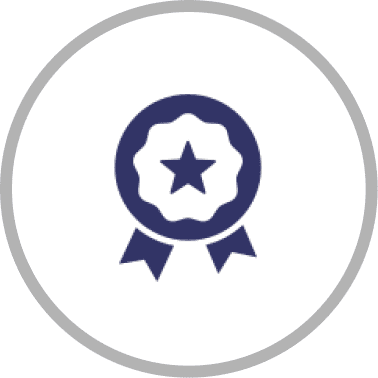 A blue award ribbon with a star in the center inside a black circle on a white background.