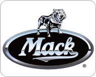 Logo of Mack Trucks featuring a silver bulldog standing on top of an oval with 